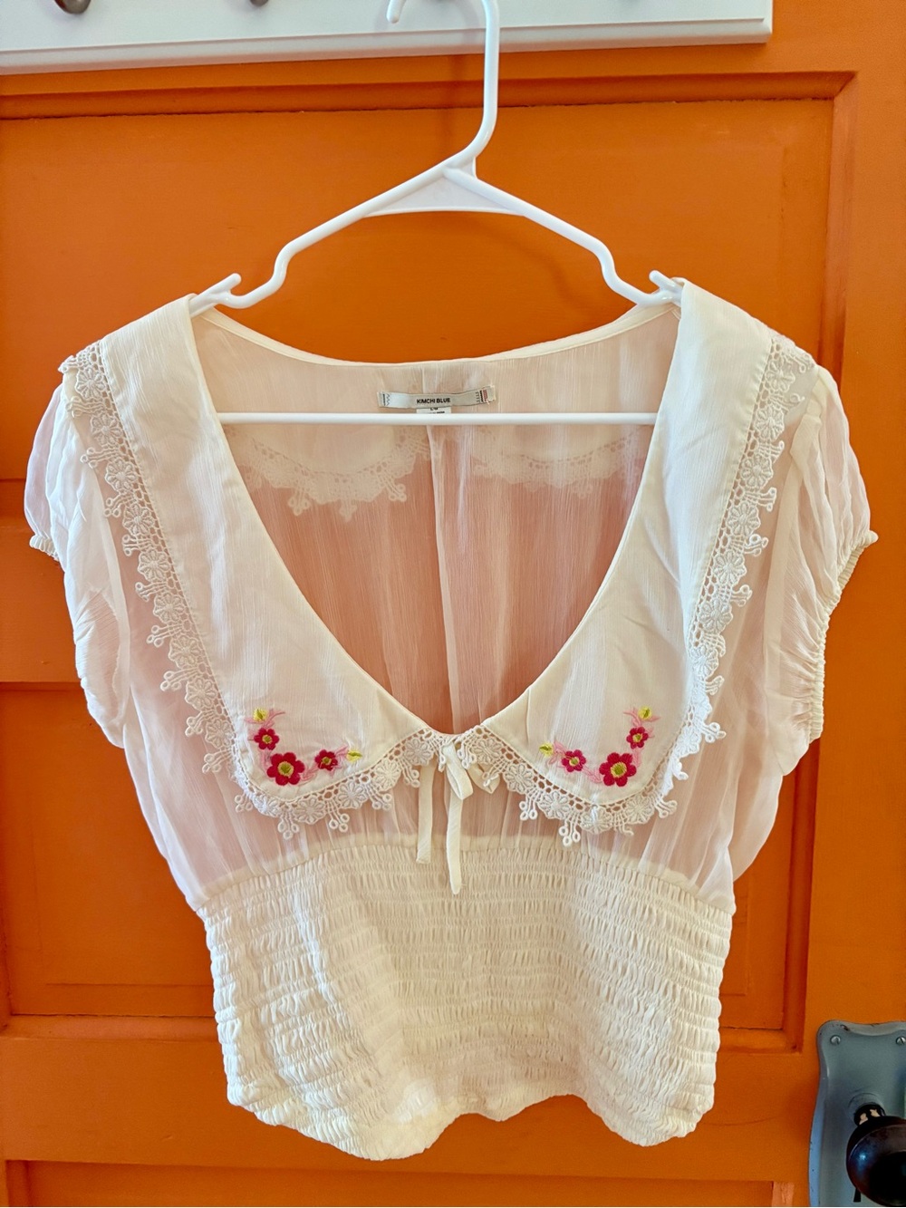 Urban Outfitters Kimchi Blue Cream Lace Crop Top with Pink Floral Embroidery